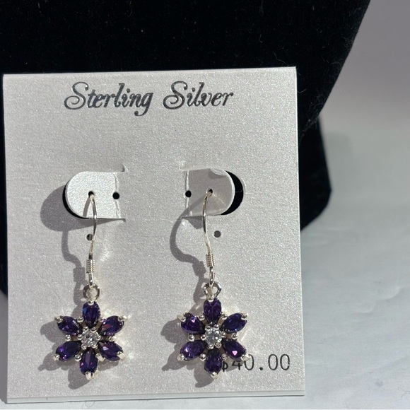Sterling Silver Cubic Zirconia & Amethyst Flower Pierced Earrings NWT - Picture 2 of 7